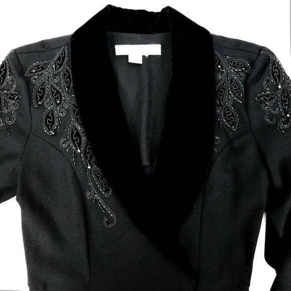 Nancy Johnson Vintage Black Wool Dress S M Velvet Collar Beaded Embellished Long - Picture 6 of 10